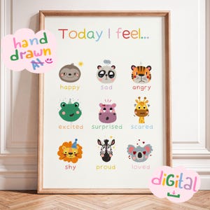 Emoties afdrukbaar voor kinderen, handgetekende gevoelensposter met dieren voor rustige hoek, kinderkamer of speelkamer, originele illustraties