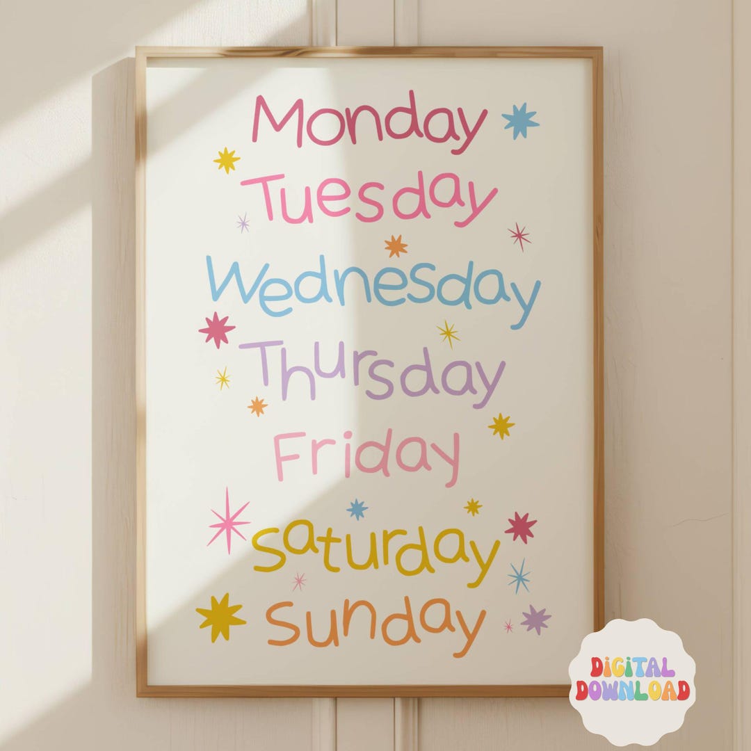 Days of the Week Poster for Girls Nursery, Pink Classroom Decor ...