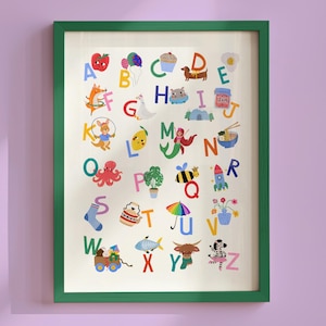 May include: A framed alphabet poster featuring colorful letters from A to Z, each paired with a corresponding illustration such as an apple, balloon, cupcake, dog, egg, fox, goose, hippo, igloo, jam, kangaroo, lemon, mermaid, noodle bowl, octopus, plant, queen bee, rocket, sock, teapot, umbrella, vase, wagon, x-ray fish, yak, and zebra.