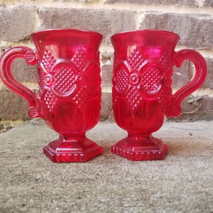A Pair of Ruby Red Cape Cod Avon Mugs / Glasses / Pedestal Cups