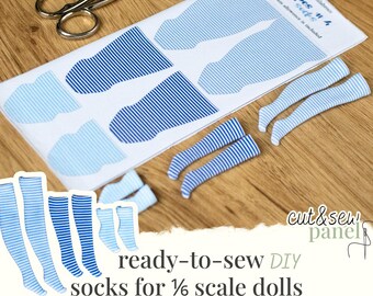 Blue stripes Socks - Cut & Sew Panel | Printed Fabric Pattern for Fashion Dolls 1/6 scale