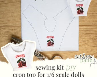Cherries Crop Top -Cut & Sew Panel | Printed Fabric Pattern for Fashion Dolls 1/6 scale