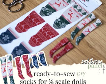Christmas Socks - Cut & Sew Panel | Printed Fabric Pattern for Fashion Dolls 1/6 scale