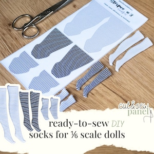 May include: A collection of ready-to-sew DIY socks for 1/6 scale dolls. The image shows various striped sock patterns in blue and white, along with a pair of scissors and a cut & sew panel. The text reads "Stripes #3" and "ready-to-sew DIY socks for 1/6 scale dolls."