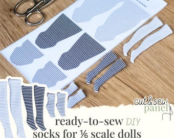 Gray stripes Socks - Cut & Sew Panel | Printed Fabric Pattern for Fashion Dolls 1/6 scale