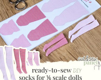 Pink stripes Socks - Cut & Sew Panel | Printed Fabric Pattern for Fashion Dolls 1/6 scale