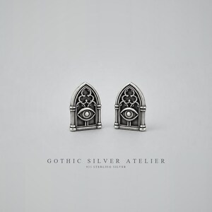 Cathedral Window Eye Stud Earrings, 925 Sterling Silver, Oxidized Gothic Jewelry for Women and Men