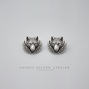 Winged Wolf Stud Earrings, 925 Sterling Silver, Oxidized Gothic Jewelry for Women, Gift for Her