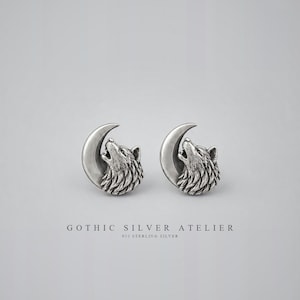 Howling Wolf Moon Stud Earrings, 925 Sterling Silver, Oxidized Gothic Jewelry for Women, Gift for Her