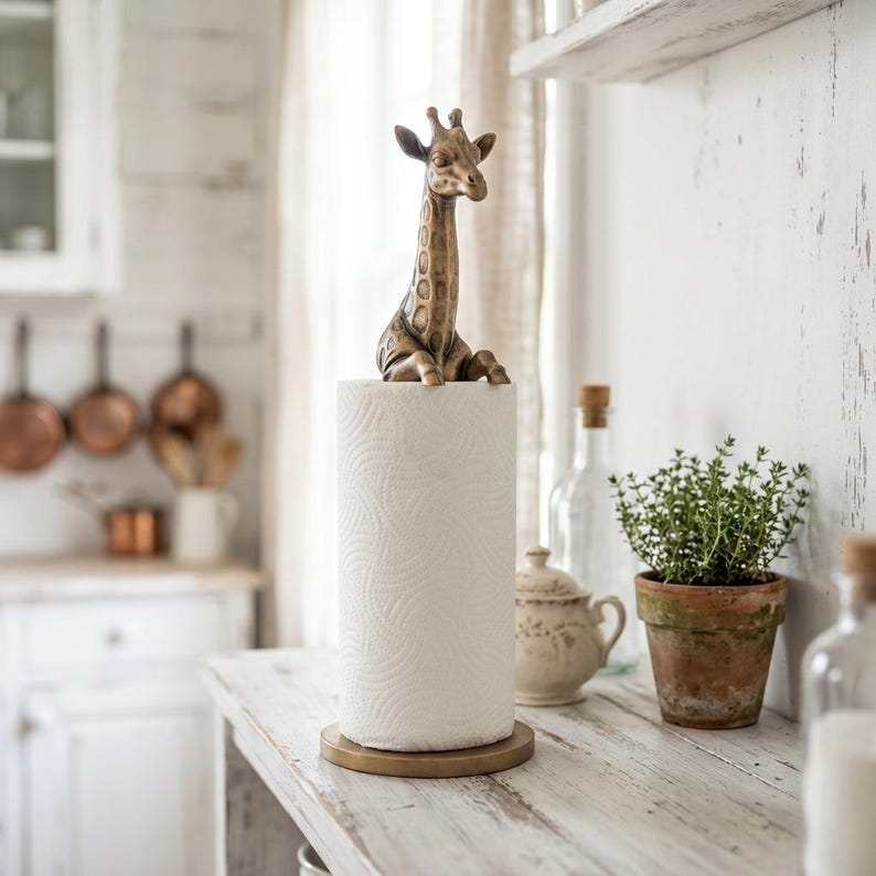 May include: A bronze-toned metal paper towel holder featuring a sculpted giraffe figure sitting atop a cylindrical roll of white paper towels, supported by a circular base. The giraffe has detailed facial features and a textured spotted pattern.
