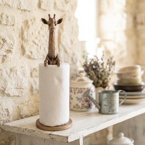 May include: A bronze-colored metal giraffe figurine standing atop a cylindrical paper towel roll. The giraffe has detailed facial features and a long neck, resting on a circular wooden base that supports the white paper towel roll.