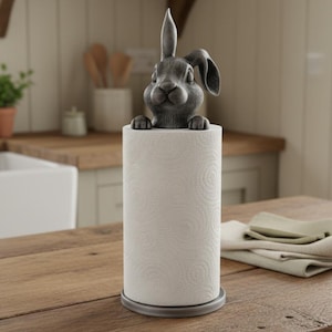 May include: A grey rabbit-shaped paper towel holder. The rabbit sits atop a roll of white paper towels. The holder has a circular base and is on a wooden surface. Kitchen accessory. The bunny's ears and head are visible.