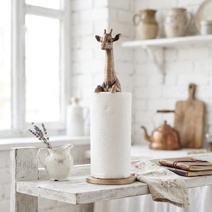 May include: A brown giraffe-shaped paper towel holder featuring a sculpted giraffe figure sitting atop a cylindrical wooden base, designed to hold a standard roll of white paper towels in an upright position for kitchen use.