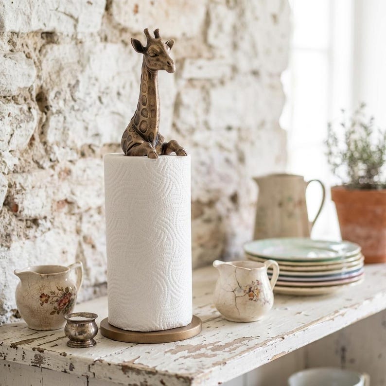 May include: A paper towel holder featuring a bronze-toned giraffe figurine perched atop a cylindrical roll of white paper towels. The holder has a circular base and a vertical rod that supports the paper towel roll, with the giraffe head at the top.