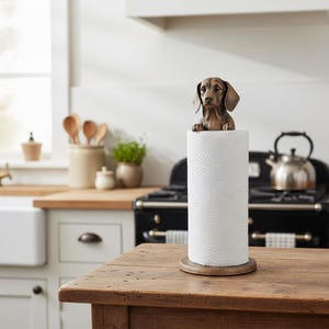 May include: A bronze-effect dachshund dog paper towel holder. The dog figure sits atop a roll of white paper towels. The holder has a circular base and is on a wooden table in a kitchen setting.