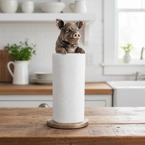 May include: A bronze-effect pig-shaped paper towel holder. The pig is positioned above a roll of white paper towels. The holder has a round, metallic base, and is set on a wooden surface. Kitchen accessory.