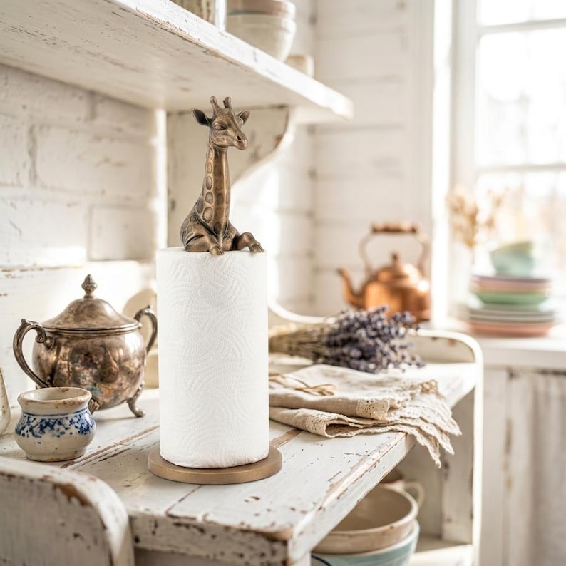 May include: A bronze-toned metal paper towel holder featuring a sculpted giraffe figure at the top. The giraffe has detailed facial features and a textured coat, resting atop a cylindrical roll of white paper towels on a circular base.