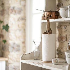 May include: A brown giraffe-shaped paper towel holder featuring a detailed head and neck design, topped with a roll of white paper towels. The holder is constructed with a sturdy base and is positioned on a shelf alongside other kitchen items.