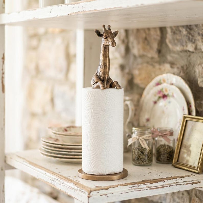 May include: A bronze-toned metal paper towel holder featuring a sculpted giraffe figure at the top. The holder has a circular base and a vertical rod that supports a standard roll of white paper towels with a textured, embossed geometric pattern.