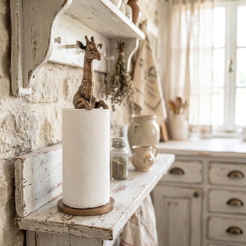 May include: A brown giraffe figurine sits atop a cylindrical roll of white paper towels. The paper towel holder features a circular wooden base and a sculpted giraffe head and neck topper, providing a functional and decorative kitchen accessory.
