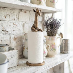May include: A paper towel holder featuring a bronze-toned giraffe figurine perched atop a cylindrical roll of white paper towels. The holder has a circular wooden base and a vertical rod that supports the roll, topped by the giraffe sculpture.