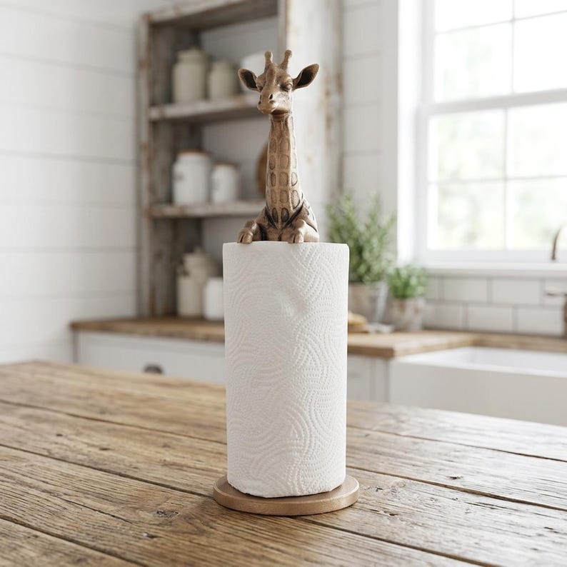 May include: A paper towel holder featuring a bronze-toned giraffe figurine standing atop a circular base. The giraffe has detailed facial features and a textured neck. A roll of white paper towels with a subtle embossed pattern is mounted on the holder.