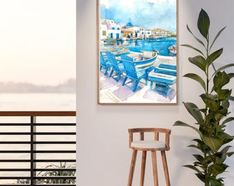 Arte de pared azul de Santorini / Imprimible del mar costero