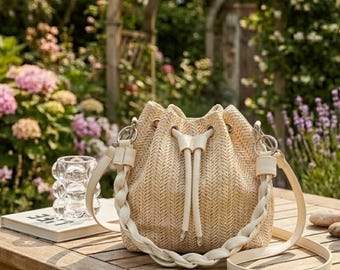 Stroh Eimer Tasche für Frauen, gewebte Kordelzug Schultertasche, Sommer Crossbody Geldbörse, Boho Strand Handtasche, geflochtener Riemen Tote, Urlaubshandtasche