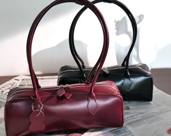 Elegant Burgundy Black &  Off White Baguette Bag, Leather Shoulder Bag, Gift for Women and Mom