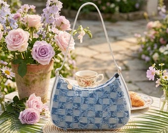 Checkerboard Denim Shoulder Bag with Frayed Edge, Y2K Aesthetic Crescent Purse, Blue Woven Jean Baguette, Summer Vacation Chic Gift for Her