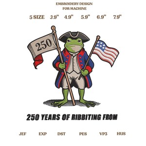 Vaterländische Frosch-Stickerei, 250 Jahre gerippter Frosch, USA 250-jähriges Jubiläum, lustige Amerika-Frosch-Stickdatei