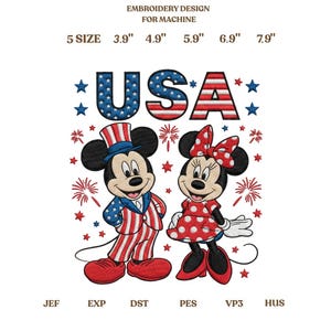 May include: Embroidery design featuring Mickey and Minnie Mouse in patriotic attire, with the word "USA" in red and blue. The design includes stars and fireworks, with sizes ranging from 3.9" to 7.9".