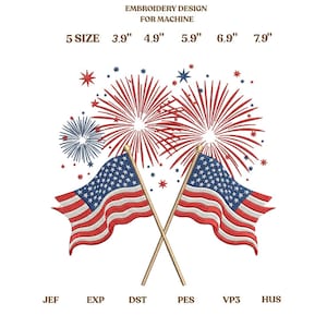 Puede incluir: Diseño de bordado para máquina con dos banderas americanas cruzadas y fuegos artificiales rojos y azules. El diseño incluye el texto "EMBROIDERY DESIGN FOR MACHINE" y medidas en pulgadas (convertidas a cm).