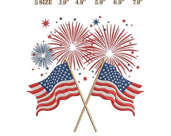Diseño de bordado de fuegos artificiales con la bandera estadounidense, archivo de bordado a máquina patriótico del 4 de julio, descarga digital del Día de la Independencia de EE. UU.