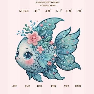 Könnte beinhalten: Gesticktes Design eines skurrilen Fisches mit türkisen und rosa Akzenten. Der Fisch hat florale und herzförmige Details, mit Größen von 9,9 cm bis 20,1 cm. Der Text oben lautet "EMBROIDERY DESIGN FOR MACHINE".