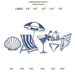 Può includere: Un design di ricamo con elementi a tema spiaggia. Include una conchiglia, una sedia a sdraio, un ombrellone, un cocktail, un bikini e una conchiglia. Il design è disponibile in 5 misure, da 9.9 cm a 20.1 cm di larghezza.