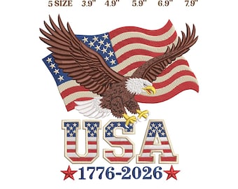 Diseño de bordado de la bandera de EE. UU., águila patriótica estadounidense, aniversario de 1776-2026, archivo de bordado del 4 de julio