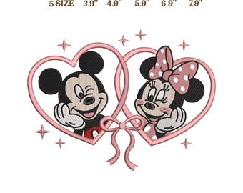 Cute Couple Mouse Embroidery Design, Valentine Love Hearts Bow, Romantic Cartoon Couple, Machine Embroidery File