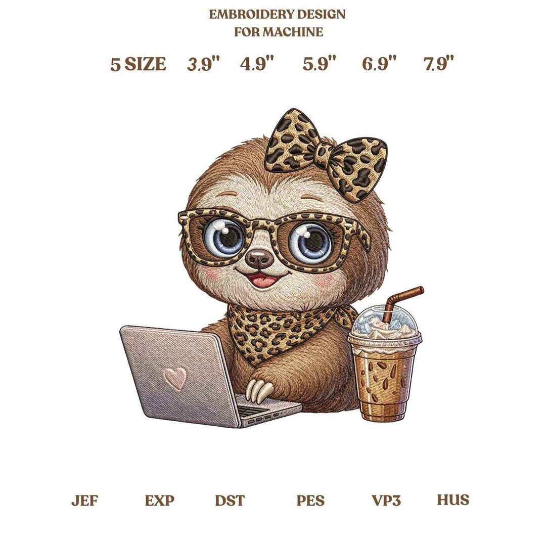 Cute Sloth Embroidery Design, Sloth Girl With Glasses Leopard Bow ...