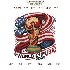World Cup USA 2026 Embroidery Design, Soccer Trophy Flag Machine Embroidery File, Football Pattern