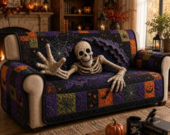 Juego de funda de sofá y funda de almohada con diseño de esqueleto de Halloween, funda de sofá con diseño de esqueleto espeluznante, decoración gótica de Halloween para la sala de estar.