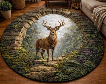 Majestic Deer Round Mat – Forest Arch Wildlife Design, Rustic Nature Printed Floor Mat, Non-Slip Polyester