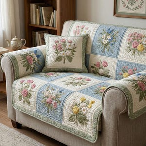 May include: A quilted sofa cover and cushion set with a floral design. The cover has a patchwork pattern with embroidered flower bouquets in pink, yellow, and white on a light blue and cream background. The cushion features a central floral design with a green border. The sofa is neutral.