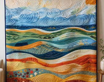 Manta con paisaje abstracto, manta decorativa con estampado de olas costeras, manta de arte moderno, decoración para el hogar inspirada en el océano, manta contemporánea colorida.