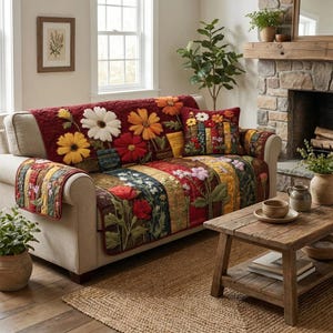 May include: A floral sofa cover and cushion set. The cover displays embroidered flowers in yellow, orange, red, and white on a burgundy backdrop. The cushion has a similar design with a stack of books. The sofa is beige.