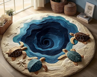 Ocean Turtle 3D Round Rug | Quilted Spiral Sea Illusion, Coastal Non-Slip Velvet Floor Mat for Living Room Décor