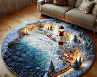 Cozy Winter Express Quilted Round Mat – 3D Lighthouse Village & Snowy Coastal Scene