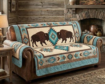Southwest Buffalo Sofa Cover with Pillow Cover, Turquoise Tribal Couch Cover Set, Rustic Western Furniture Protector