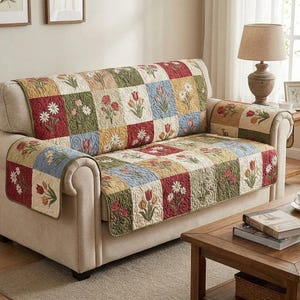 Peut inclure: Une housse de canapé patchwork à motifs floraux avec des fleurs brodées dans des carrés rouges, blancs, jaunes et bleus. La housse est drapée sur un canapé beige, avec des housses d'accoudoirs assorties. Thème: style champêtre.