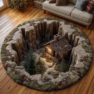 Könnte beinhalten: Ein runder Teppich mit einem 3D-Canyon-Design. Der Teppich zeigt eine Hütte in einem Canyon, umgeben von Bäumen und einem Bach. Der Rand des Teppichs hat eine moosige grüne und braune Textur, die eine realistische Landschaft erzeugt. Der Teppich liegt auf einem Holzboden.
